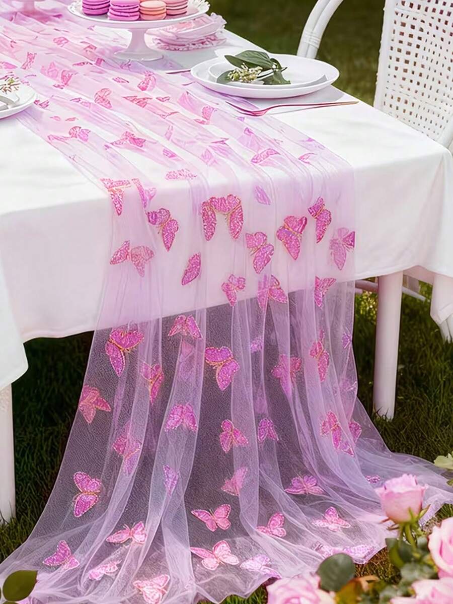 Wedding Butterfly Mesh Table Runner, Elegant Purple Butterfly Design Table Cover,Suitable For Wedding Party Table Decoration, Kitchen & Dining Room Decor, Birthday, Wedding, Wedding Event Decorations, Wedding Venue Decor.