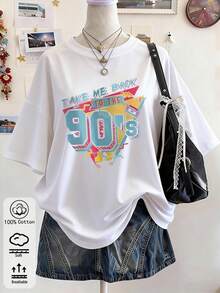 T-shirt femme imprimé rétro << Retour aux années 90 », manches courtes, coton, style décontracté, nostalgie années 90, look streetwear Y2K, t-shirt vintage d'été, idéal pour les sorties printanières et estivales. Doux, fluide et respirant. - Blanc - Voir 2