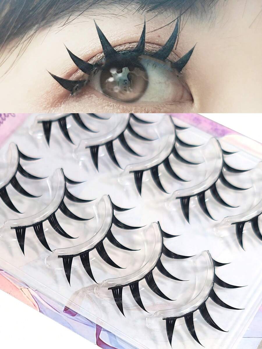 5 Pairs/Box Korean Style Lace Wispy Flared False Eyelashes, Whole Strip Thick Doll-Like Lashes, Lift Eyelids, Cosplay Manga Lash Effect