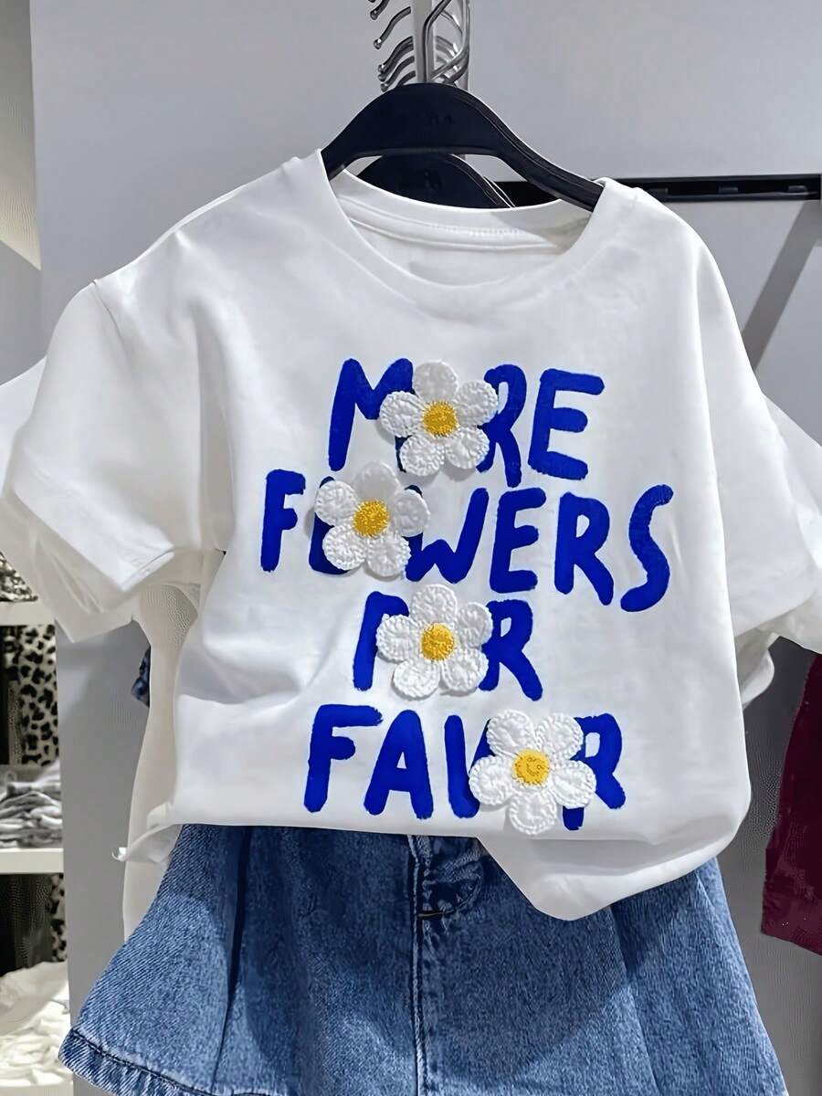 Women's Casual Round-Neck Letter-Printed Three-Dimensional Floral Short-Sleeve T-Shirt, Suitable For Summer-Casual Retro Style, Unisex, Comfortable Cotton Short Sleeve Crew Neck T-Shirt - trắng - Xem 1