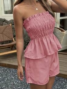 Bộ đồ hai mảnh Vaiaye mùa hè phong cách Hawaii Bohemian dành cho nữ - Áo ống kẻ sọc viền bèo nhún và quần short, hoàn hảo cho các buổi hẹn hò, tiệc trà chiều, kỳ nghỉ, lễ hội âm nhạc và ngày Valentine. Màu đỏ - Đỏ - Xem 8