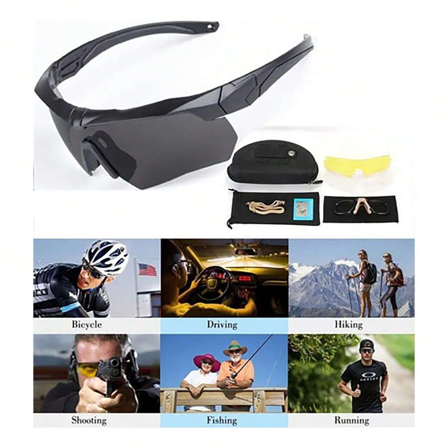 Gafas tácticas antivaho, gafas de ciclismo con 3 lentes intercambiables con protección UV400, regalos para hombres y mujeres. - Negro - Ver 1