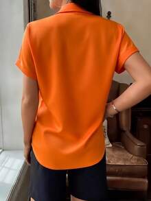 Women's Elegant White Short Sleeve Shirt With Collar Button, Regular Length Top Summer - Orange - View 3