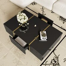 Masă de cafea lucioasă / Masă elegantă de living / Modernă și simplă, cu 2 sertare / Robustă și durabilă, cu mult spațiu de depozitare / Potrivită pentru camere de zi și birouri - Negru - Vizualizare 2