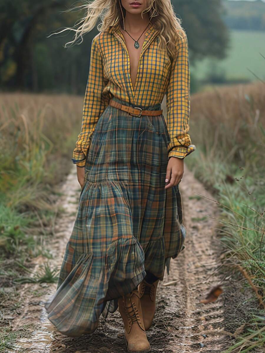 Women's Plaid  Maxi Dress  Yellow Green Checkered Long Sleeve Shirt & Tiered Maxi Skirt, Boho Western Casual Outfit With Belt - 黃色 - 查看 1