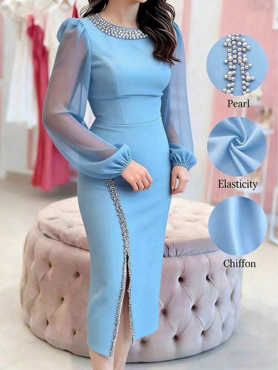 Đầm dạ hội màu xanh trong suốt, thanh lịch, xẻ tà cao, thích hợp cho kỳ nghỉ, đi biển, nhiều dịp, đính ngọc trai, hoàn hảo cho các hoạt động mùa xuân và mùa hè, chất liệu pha polyester, có thể giặt máy. - Màu xanh nhạt - Xem 1