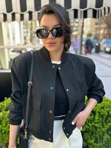 TRAFZA 女士复古纯色长袖夹克，带口袋和纽扣，休闲秋季飞行员夹克，黑色，春季款 - 黑色 - 查看 4