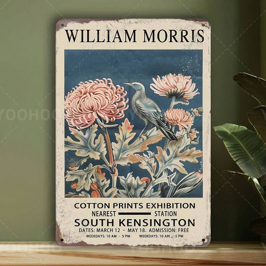 1pc William Morris Vintage Metal Wall Art Sign - Pre-Raphaelite Floral & Bird Design With Print Patterns (Ravensbourne, Sutherland's Golden), 8x12 Inch Aluminum Plaque For Home, Garden, Victorian-Inspired Decor - William Morris - 1PC - View 1