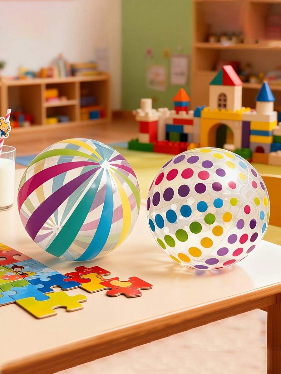1pc Inflatable Transparent Beach Ball With Colorful Stripes And Dots, PVC Material For Pool Party Decoration, Suitable For Hawaiian Theme, Holiday Party, Carnival Gifts And Outdoor Activities, Essential For Pool Party, Pool Inflatable, Beach Essentials, Pool Float
