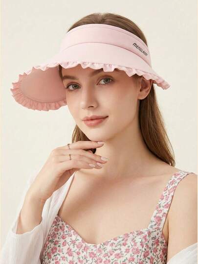 1 chiếc mũ chống nắng bằng lụa băng cho nữ, mũ rộng vành chống tia UV mùa hè, thích hợp cho hoạt động ngoài trời, đạp xe, có viền hoa.