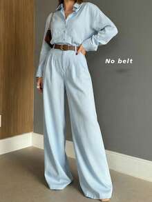 Bộ đồ nữ mùa xuân gồm áo tay dài cổ bẻ cài một hàng khuy và quần ống rộng. - Màu xanh nhạt - Xem 1