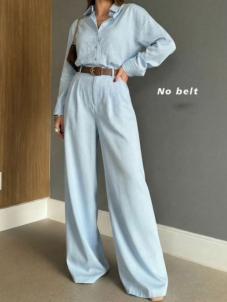 Bộ đồ nữ mùa xuân gồm áo tay dài cổ bẻ cài một hàng khuy và quần ống rộng. - Màu xanh nhạt - Xem 1