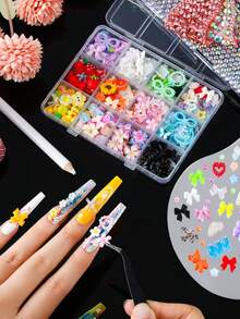2 Boxes Colorful Resin Nail Art Decoration Set - 12 Compartments Mixed Hawaiian Flowers, Butterflies, Bears, Stars, Animals, Fruits Shapes, Includes Tweezers & Pen For Nail Art, Cup DIY Crafts - Multicolor - View 3