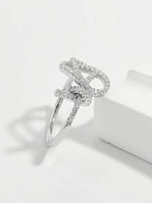 1pc Elegant Vintage Chic Sparkling 925 Silver Hollow Line Key Design Zirconia Ring, Versatile For Daily Wear, Dates, Parties To Showcase Charm, Gift For Women - Silver - View 4