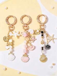 1个条纹珍珠串珠钥匙扣，贝壳和海星钥匙圈，女孩包包挂饰 - 彩色 - 查看 2