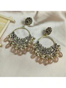 Elegant Vintage Bohemian Earrings, Floral Carved Design With Long Bead Drop, Perfect For Daily Wear - 咖啡 - 查看 7