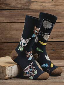 Tất cổ cao in hình mèo ngộ nghĩnh dành cho nam và nữ, chất liệu mềm mại, thoáng khí, thích hợp mặc thường ngày, kiểu dáng thời trang dễ thương dành cho người yêu mèo, phù hợp mọi mùa. - màu đen - Xem 1