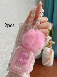 闪亮粉色耳机盒，饰有水钻、蝴蝶结、冰花和毛绒球吊坠，耳机链 - 粉色 - 查看 14