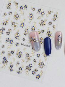 5 Stück zufällige wunderschöne 3D Goldfolie Blumen Nail Art Aufkleber, süße rosa/blaue/orange Blumen selbstklebende Nail Decals - Verschiedenfarbig - Übersicht 2