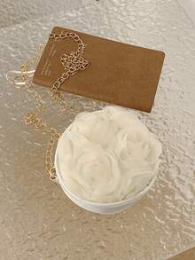 时尚3D蕾丝花朵圆形包，少女独特百搭链条单肩斜挎包 - 米色 - 查看 7