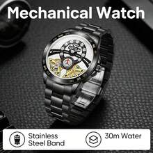 ONOLA 2026 New Men Automatic Mechanical Watch 30M Waterproof Stainless Steel Band Skeleton Business Gift - one-size - View 9