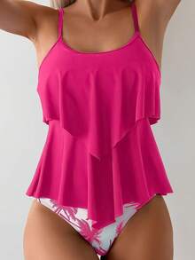 Local Delivery-New European And American Women'S Two-Piece Swimsuit Tankini Triangle Pants Coconut Tree Print Solid Color Swimwear For Women - Black - View 6