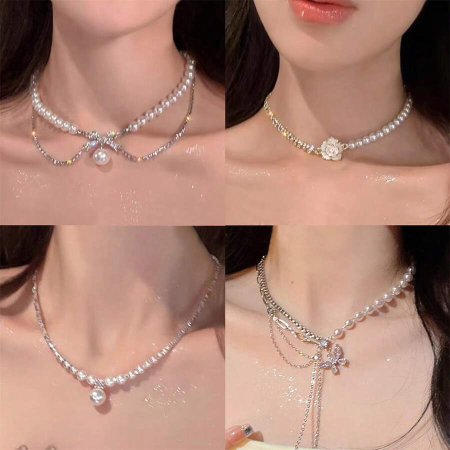 4pcs Layered Bow Pearl Necklace Set, Elegant Dainty Choker Necklace For Women - Gold - View 1