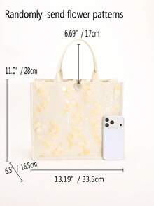1 pieza Bolso de lino con parches de lentejuelas y malla de colores, diseño de bordado floral y de hojas de moda, bolso de hombro cuadrado de gran capacidad, estilo casual de vacaciones (patrón floral distribuido al azar) - Beis - Ver 3