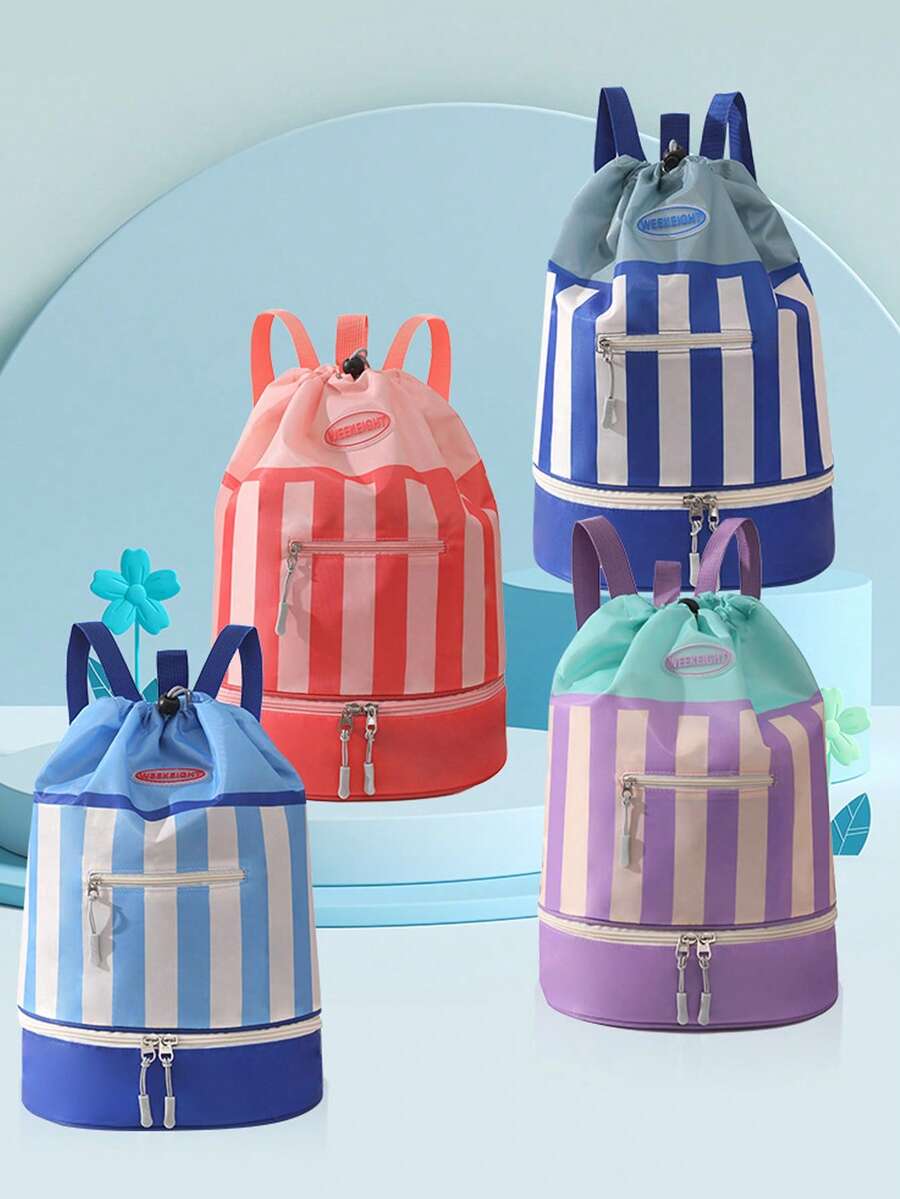 Unisex All-In-One Wet And Dry Separation Swim Bag With Adjustable Shoulder Straps, Colorful Striped Drawstring Backpack, Suitable For Beach, Pool And Hiking, Portable Sports Travel Storage Bag, Practical Pockets, Swim Bag, Poolside Accessory.