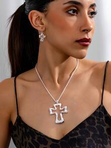 1 Set de joyería con colgante de diseño de cruz hueca minimalista, adecuado para uso diario y como regalo - Conjunto de cruz ahuecada - Ver 3