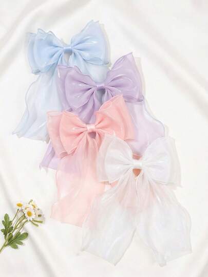 4pcs/Set Oversized Women/Girls Mesh Bow Hair Clips, Extra Large Pastel Satin Bow Hair Barrettes With Long Tail, Cute French Style Wedding Party Summer Hair Accessories (White, Pink, Purple, Blue)