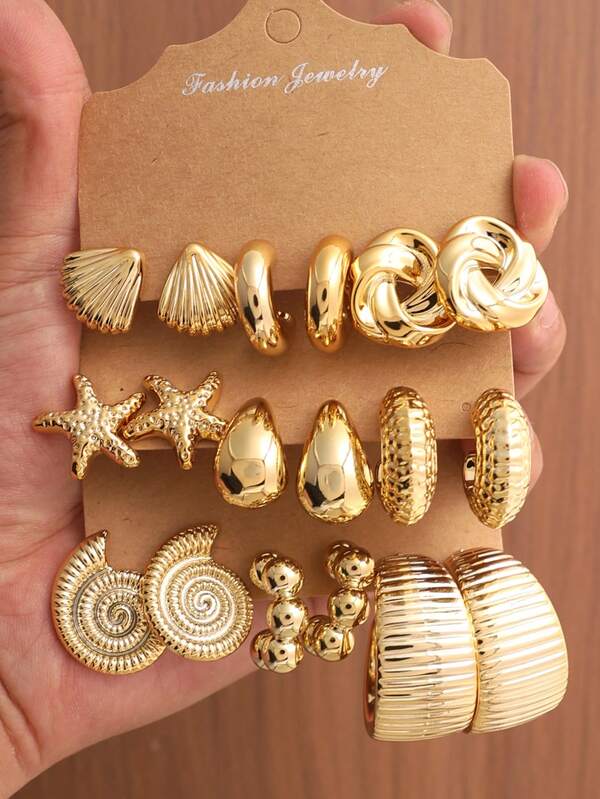 6-18PCS Personalized Fashion Water Drop Shell Starfish Texture Geometric Large Hoop Earrings Suitable For Daily Wear Holiday Gift For Mom And Loved Ones