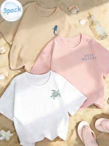 3件套女士夏季圆领短袖T恤，海洋生物海龟鲸鱼鲨鱼印花 - 粉色 - 查看 2