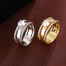 1pc Elegant Geometric Wide Band Design Cubic Zirconia Inlaid Fashion Ring For Women - Multicolor - View 3