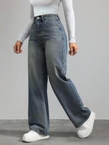 Teen GirlButterfly Embroidered Washed Wide Leg Jeans, Versatile For Daily Wear Or School - Medium Wash - View 3