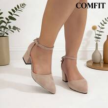 Giày cao gót đế rộng, giày cao gót đế dày khoét rỗng thắt nơ màu mơ mũi nhọn bằng nhung, sandal đế rộng. - Màu be - Xem 1