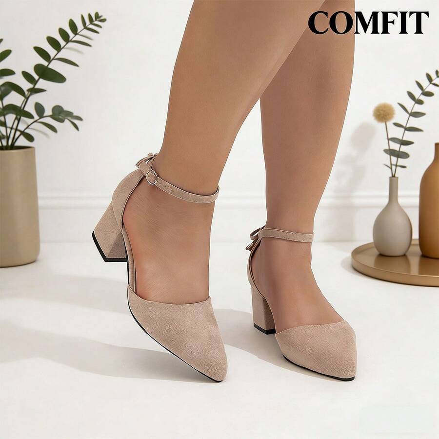 Giày cao gót đế rộng, giày cao gót đế dày khoét rỗng thắt nơ màu mơ mũi nhọn bằng nhung, sandal đế rộng. - Màu be - Xem 1