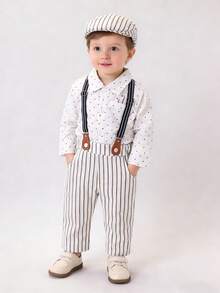 男婴绅士套装三件套：长袖衬衫+条纹背带裤+条纹帽子，幼儿生日派对正式西装 - 白色 - 查看 1