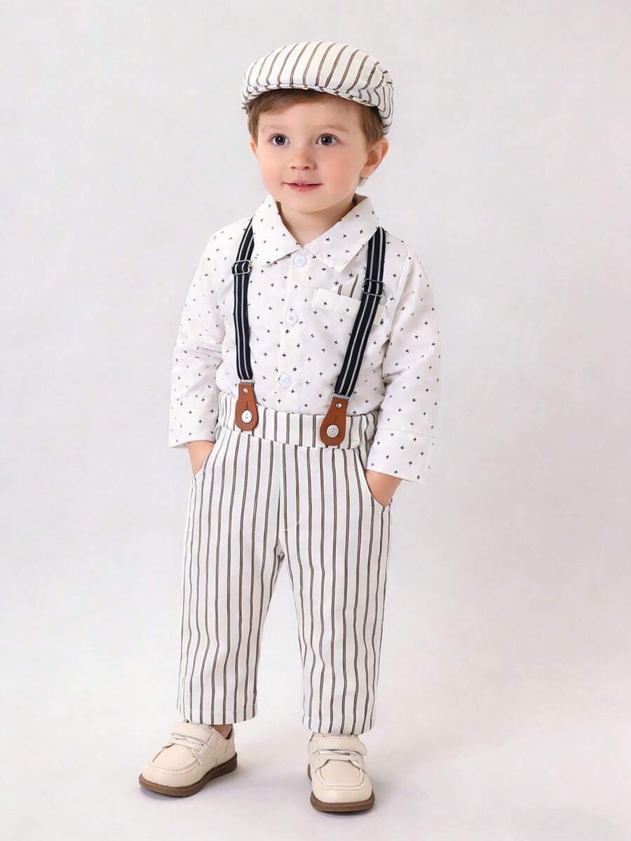 男婴绅士套装三件套：长袖衬衫+条纹背带裤+条纹帽子，幼儿生日派对正式西装 - 白色 - 查看 1