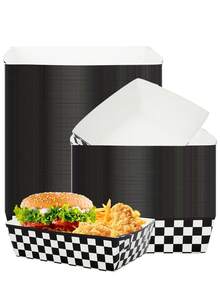 10 piezas/30 piezas/50 piezas Bandeja de comida de coche de carreras, bandejas de papel a cuadros de carreras desechables para fiestas, bandejas de servir de papel negro y blanco con temática de "Dos rápidos" para perros calientes, palomitas, picnics - Multicolor - Ver 3