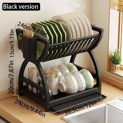 1 pieza Estante de almacenamiento de cocina de plástico multifuncional, escurridor de tazones y platos, organizador de utensilios de doble capa