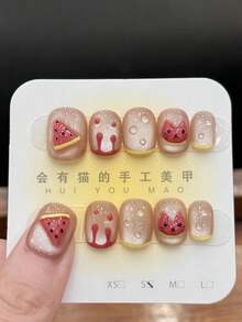 10pcs/Set Press On Nail Caps, Cheese Watermelon, Pinch And Paint Design, Three Dimensional, Flashing Effect, Glass Beads, Cat Eye, Cute Handmade Nail Accessories - Multicolor - View 1