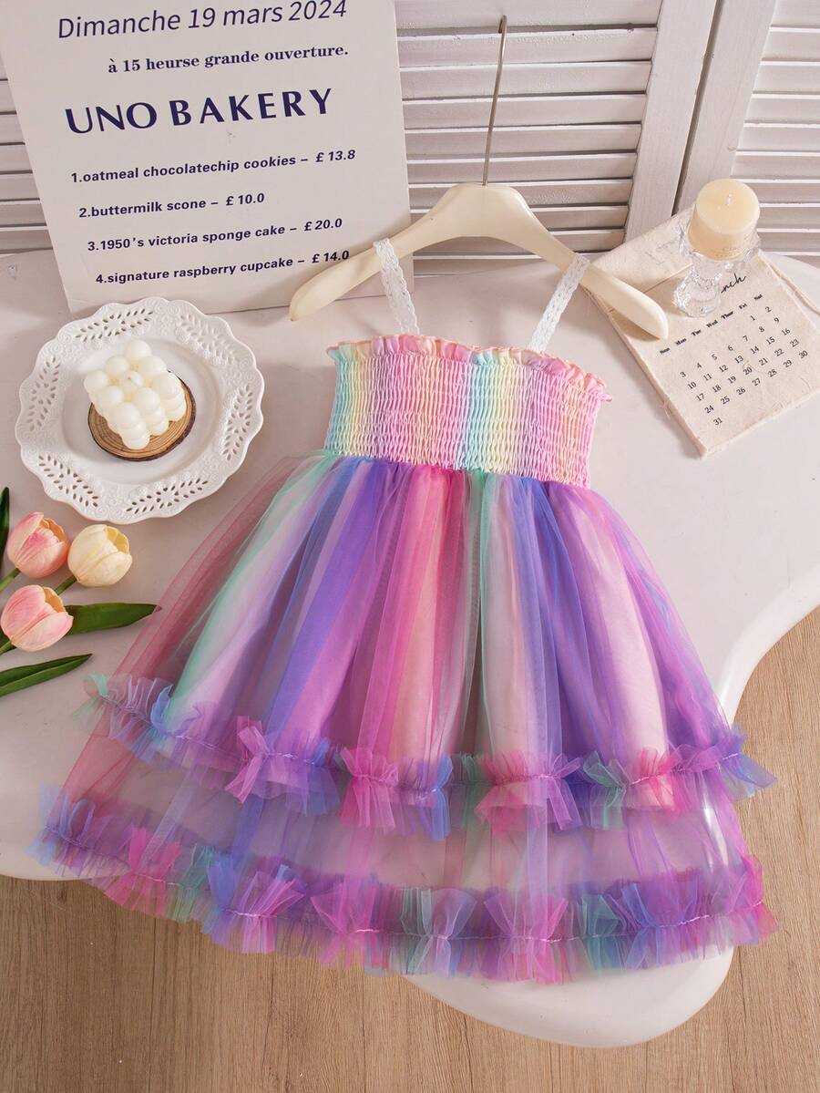 女婴可爱甜美彩虹网纱吊带泡泡袖连衣裙，夏季假日风格 - 彩色 - 查看 1