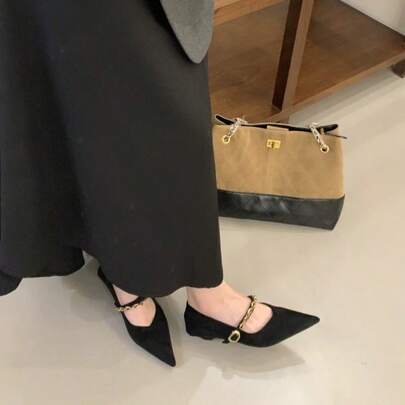 女士玛丽珍鞋，粗跟，新款单带低跟链条连衣裙鞋，玛丽珍鞋和高跟鞋，春秋新品