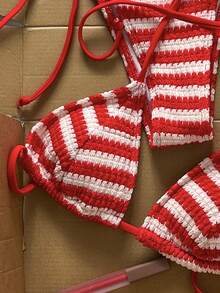 Women's Fashionable Sweet Woven Colorblock Striped Bikini Swimwear, Suitable For Pool Party And Beach Vacation, Spring/Summer - Red and White - View 4