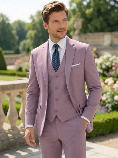 3pcs Men's Light Purple Suit Set, Including Jacket, Vest And Pants, Romantic Wedding Groom Attire, Elegant Formal Wear Suitable For Special Occasions