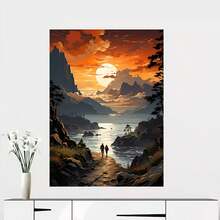 2D Plano, 2D Plano, 1 pieza, Impresión en lienzo 2D sin marco, Paisaje de lago de montaña al atardecer con pareja caminando, Adecuado para sala de estar, dormitorio, oficina, comedor, decoración de hotel - Enmarcado - Ver 1