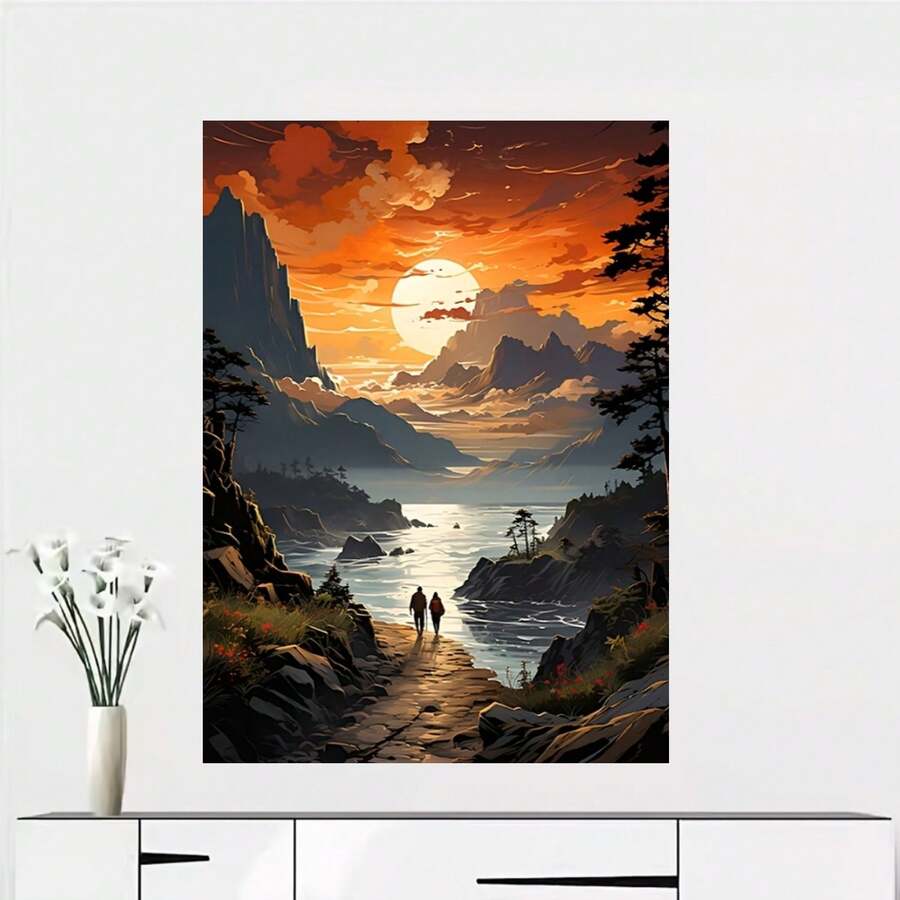 2D Plano, 2D Plano, 1 pieza, Impresión en lienzo 2D sin marco, Paisaje de lago de montaña al atardecer con pareja caminando, Adecuado para sala de estar, dormitorio, oficina, comedor, decoración de hotel - Enmarcado - Ver 1