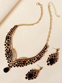 Bộ trang sức cưới 3 món dành cho nữ gồm dây chuyền và bông tai, phụ kiện dự tiệc thanh lịch. - màu đen - Xem 6