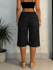 Quần short lửng denim dáng rộng, ống thẳng, màu xanh nhạt đính đá lấp lánh, thích hợp cho mùa hè. - màu đen - Xem 3